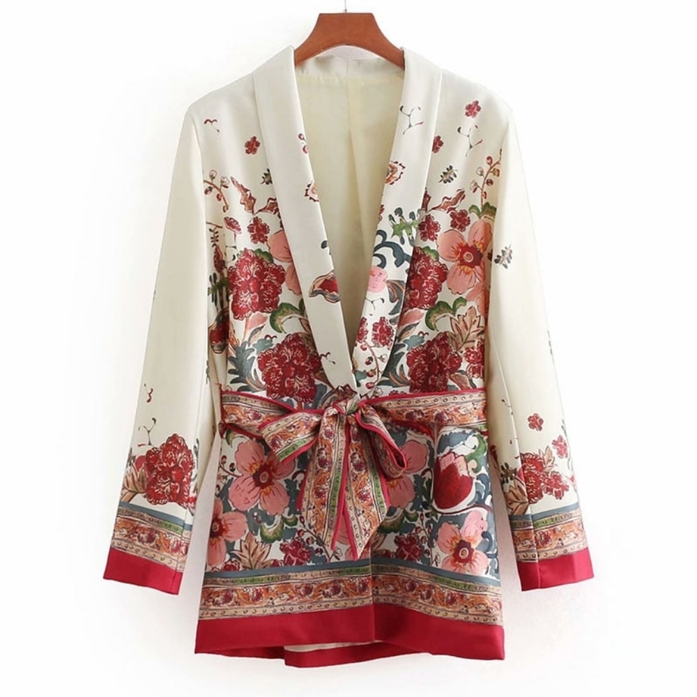 Cupshe Cream Floral Belted Blazer with Red Accents